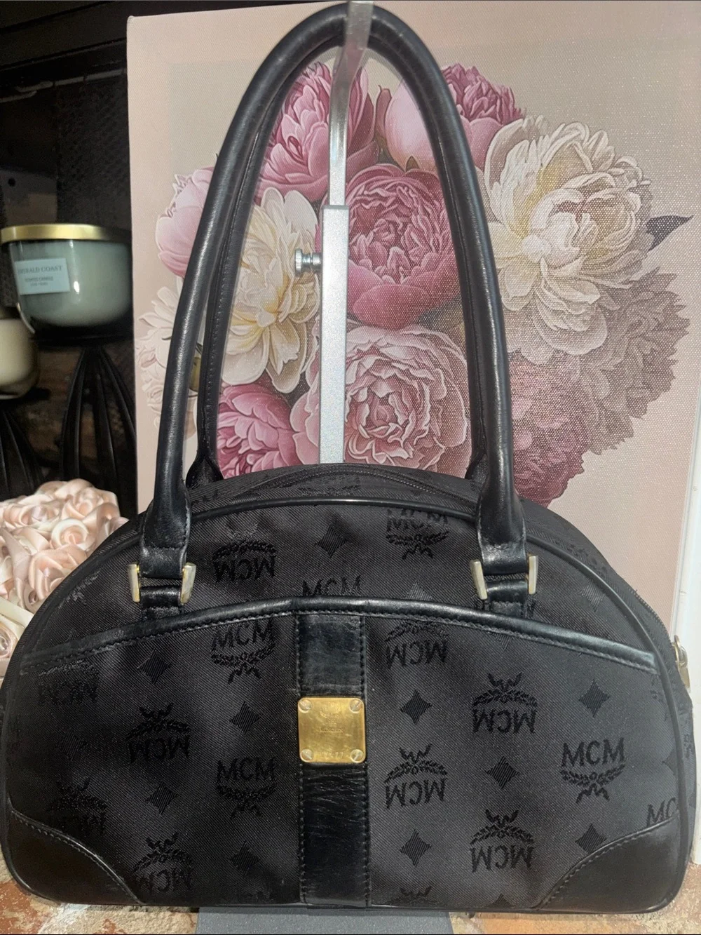 MCM Black Logo Dome Satchel with Gold Plaque
